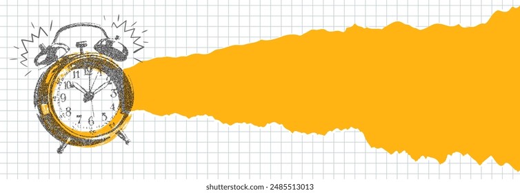 Alarm clock with photocopy effect, space for text on piece of torn orange paper, squared notebook sheet. Vector illustration for presentation design, promotional materials, banner and more.