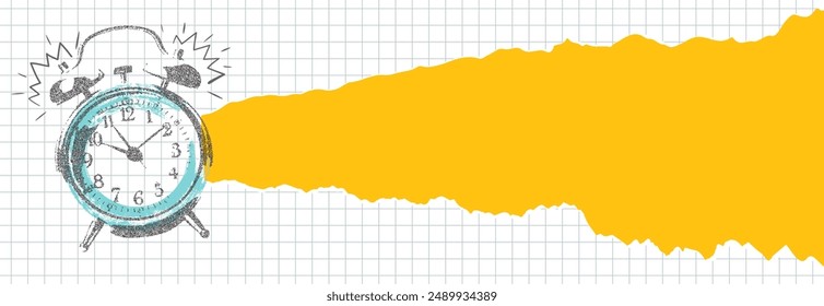 Alarm clock with photocopy effect, space for text on piece of torn orange paper, squared notebook sheet. Vector illustration for presentation design, promotional materials, banner and more.