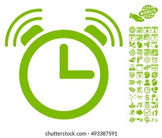 Alarm Clock pictograph with bonus calendar and time management clip art. Vector illustration style is flat iconic symbols, eco green color, white background.