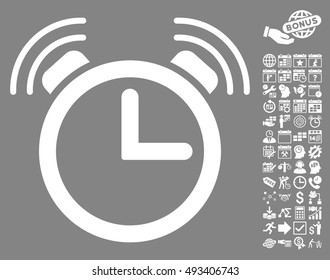 Alarm Clock pictograph with bonus calendar and time management clip art. Vector illustration style is flat iconic symbols, white color, gray background.
