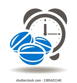 Alarm Clock Pills Icon Vector. Agile Pharmacy Illustration. Tablets Time Health Logo.