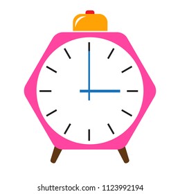 Alarm clock pink wake-up time isolated on background in flat style. Vector illustration background 