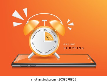 An alarm clock is placed on the smartphone and is alerting about flash sale promotions for online shopping promotion sale,vector 3d on orange background for advetising design