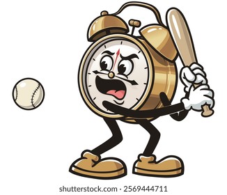 Alarm Clock playing baseball,     Cartoon Character Mascot Illustration Vector Clip-art Hand-drawn Logo Design