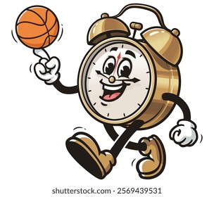 Alarm Clock playing basketball,     Cartoon Character Mascot Illustration Vector Clip-art Hand-drawn Logo Design