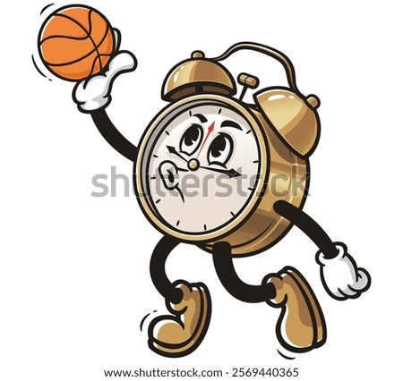 Alarm Clock playing slam dunk basketball,        Cartoon Character Mascot Illustration Vector Clip-art Hand-drawn Logo Design