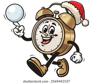 Alarm Clock is playing snowballs and wearing a christmas hat,         Cartoon Character Mascot Illustration Vector Clip-art Hand-drawn Logo Design