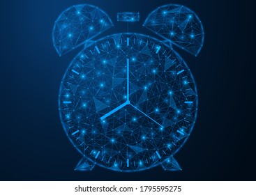 Reloj de alarma. Construcción poligonal en forma de conexiones de líneas y puntos. Fondo azul.