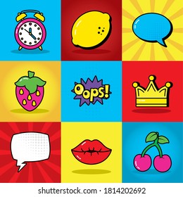 icono de reloj de alarma y elementos de arte pop sobre fondo colorido, estilo de línea y relleno, ilustración vectorial