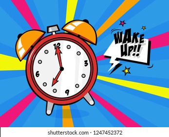Alarm clock in a pop art style. Vintage wake up timer with bell ring. Vector flat illustration