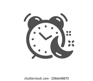 Icono de calidad del reloj de alarma. Signo de noche de sueño. Símbolo de reloj de la cama. Clásico estilo plano. Elemento de diseño de calidad. Icono de alarma simple. Vector