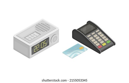 Alarm Clock With Radio Receiver And Terminal For Payment By Card, Modern Wireless Mobile Devices Isometric Vector Illustration