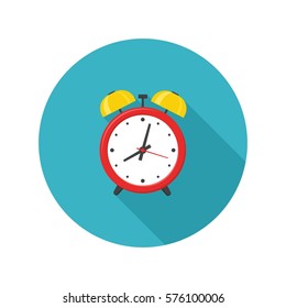 Alarm clock red icon with shadow isolated on white background in flat style. Vector illustration