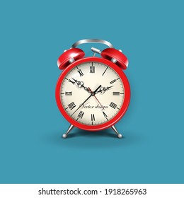 Alarm clock red, realistic with vintage arrows. Vector illustration. For decorative design.