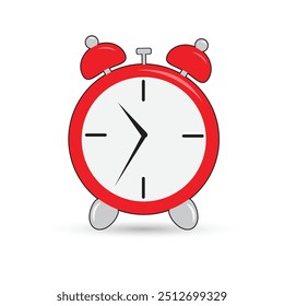 Alarm clock. Red round alarm clock with hands and a bell on silver legs.
