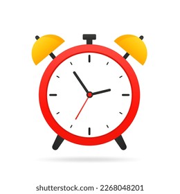 The alarm clock is red, it's time to wake upю. Alarm clock icon. Alarm clock that sounds loudly in the morning to wake up from bed. Flat design. Vector illustration