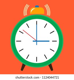 Alarm clock red wake-up time isolated on background in flat style. Vector illustration background 
