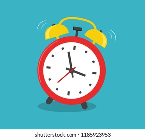 Alarm clock red wake-up time isolated on blue background in flat style illustration