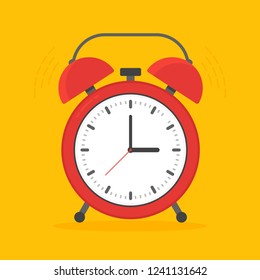Alarm clock red wake-up time isolated on background in flat style. Vector illustration.