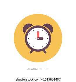 Alarm clock red wake-up time isolated on background in flat style. Yellow theme concept