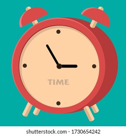 Alarm clock red wake-up time isolated on background in flat style. Vector illustration