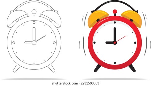 Alarm clock red and yellow wake-up time isolated on background in flat style.
