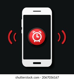 Alarm clock, reminder symbol. Smartphone with notification bell button. Wake up time settings. Illustration vector