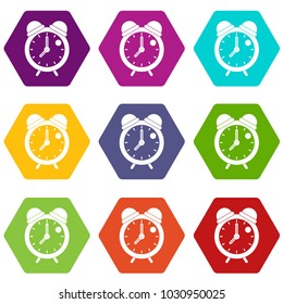 Alarm clock retro classic design icon set many color hexahedron isolated on white vector illustration
