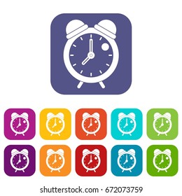 Alarm clock retro classic design icons set vector illustration in flat style In colors red, blue, green and other