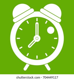 Alarm clock retro classic design icon white isolated on green background. Vector illustration