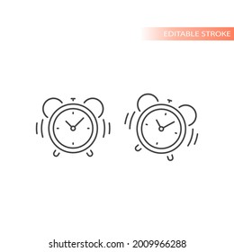 Alarm clock retro style with bell ringing icon. Editable stroke outline vector.