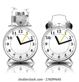 Alarm clock in a retro style and alarm clock with drum bell are on white background.