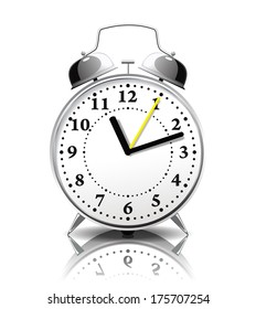 Alarm clock in a retro style is on white background.