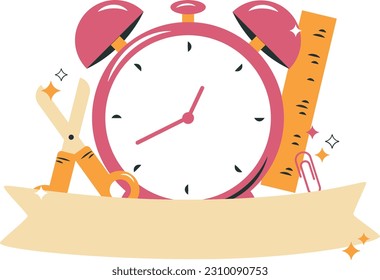 Reloj de alarma con banner de cinta. Ilustración vectorial en estilo plano.