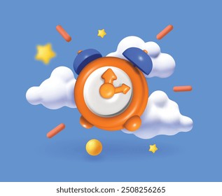 Alarm clock ring. 3d cartoon wake-up time icon with alarm clock and clouds. Countdown, time to do poster. Vector illustration