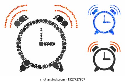 Alarm clock ring composition of filled circles in variable sizes and shades, based on alarm clock ring icon. Vector random circles are composed into blue composition.