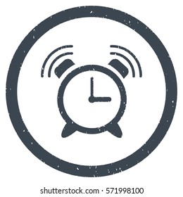 Alarm Clock Ring grainy textured icon inside circle for overlay watermark stamps. Flat symbol with dirty texture.