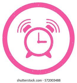 Alarm Clock Ring grainy textured icon inside circle for overlay watermark stamps. Flat symbol with dirty texture.