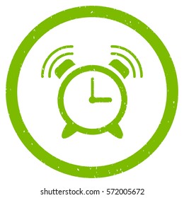Alarm Clock Ring grainy textured icon inside circle for overlay watermark stamps. Flat symbol with unclean texture.