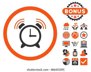 Alarm Clock Ring icon with bonus images. Vector illustration style is flat iconic bicolor symbols, orange and gray colors, white background.