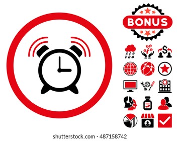 Alarm Clock Ring icon with bonus symbols. Vector illustration style is flat iconic bicolor symbols, intensive red and black colors, white background.