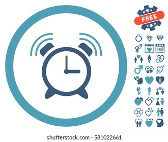 Alarm Clock Ring icon with bonus decorative clip art. Vector illustration style is flat iconic cyan and blue symbols on white background.