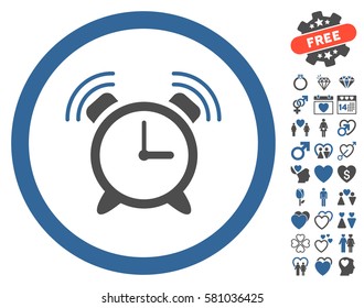 Alarm Clock Ring icon with bonus dating pictures. Vector illustration style is flat iconic cobalt and gray symbols on white background.