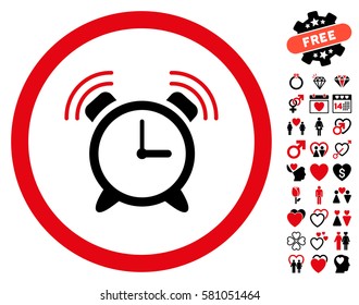 Alarm Clock Ring icon with bonus amour images. Vector illustration style is flat iconic intensive red and black symbols on white background.