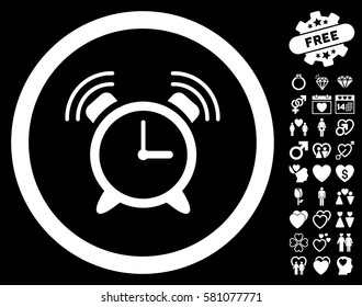 Alarm Clock Ring icon with bonus valentine icon set. Vector illustration style is flat iconic white symbols on black background.