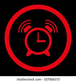 Alarm Clock Ring vector icon. Style is flat rounded symbol, red color, rounded angles, black background.