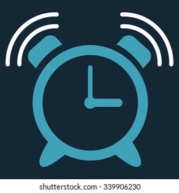 Alarm Clock Ring vector icon. Style is bicolor flat symbol, blue and white colors, rounded angles, dark blue background.