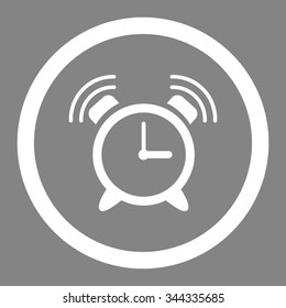 Alarm Clock Ring vector icon. Style is flat rounded symbol, white color, rounded angles, gray background.