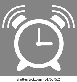 Alarm Clock Ring vector icon. Style is flat symbol, white color, rounded angles, gray background.