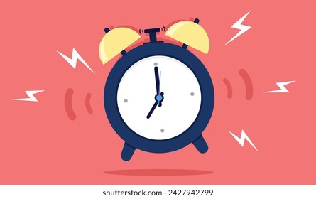 Alarm clock ringing - Loud annoying morning wake up clock at 7 am. Flat design vector illustration on red background